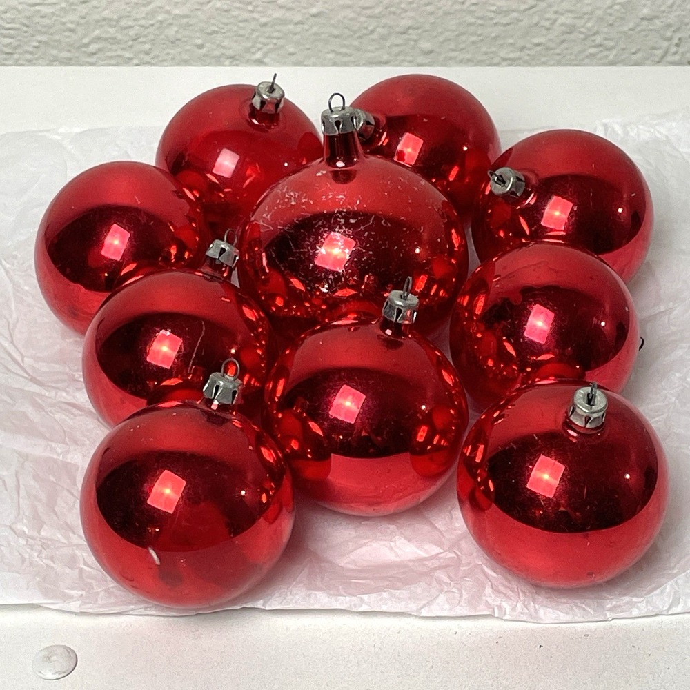 Vintage Red Metallic Glass POLAND Christmas Ornaments LOT of 10